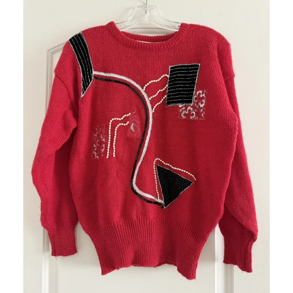 GLITZ by UNIT (Vtg)Red Knit Abstract Sequin 80s Geometric Beads‎ Sweater-MEDIUM